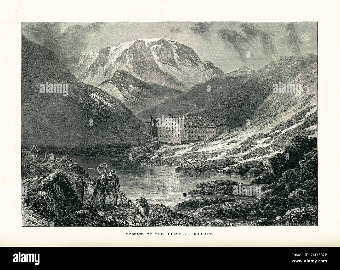 Incisione in legno di un ospizio al Passo del Gran San Bernardo nelle Alpi Pennine, Svizzera. Illustrazione pubblicata in picturesque Europe, Vol. III (Cassell Foto Stock