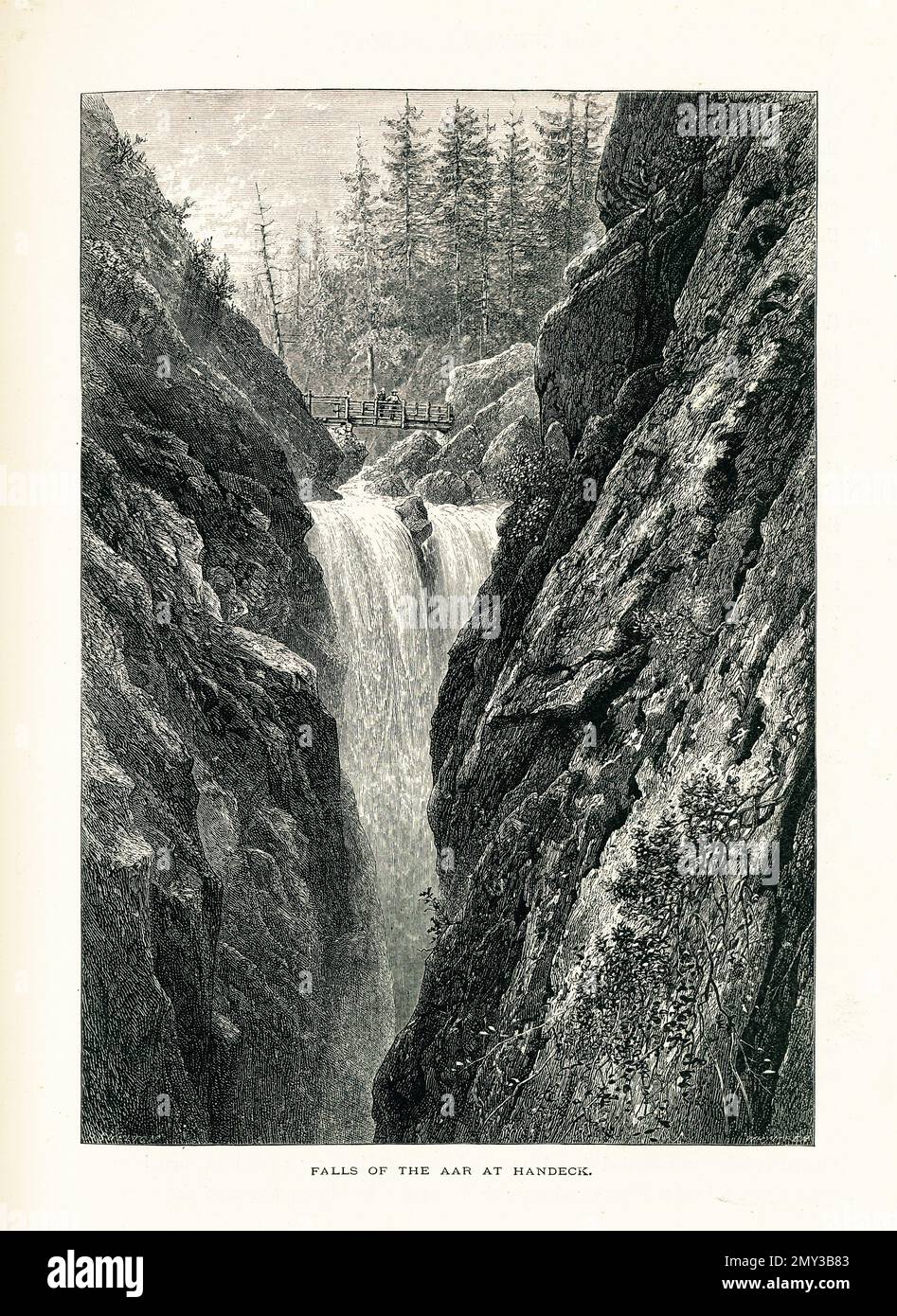 Antica incisione della cascata di Handegg, una cascata di 46 metri formata dal fiume Aar ad Handegg, in Svizzera. Illustrazione pubblicata nella pittoresca UE Foto Stock