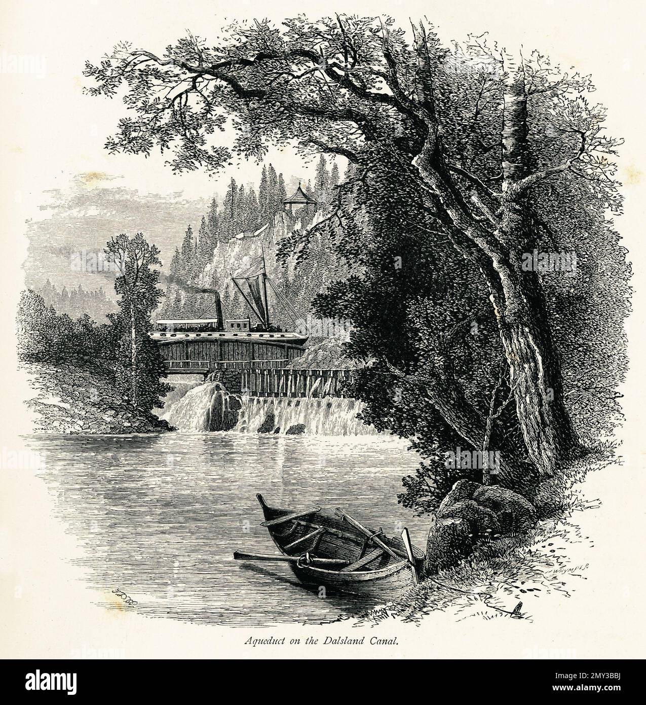 Antica incisione dell'acquedotto di Haverud sul canale di Dalsland, Svezia. Illustrazione pubblicata in picturesque Europe, Vol. V (Cassell & Company, Limi Foto Stock