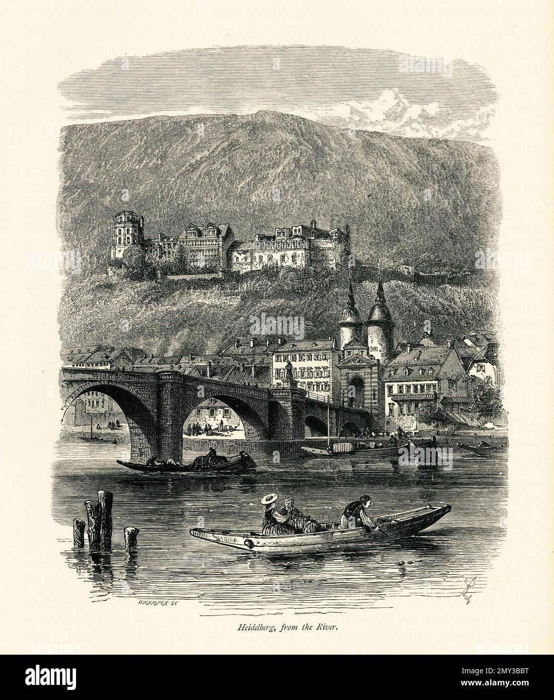Vista antica di Heidelberg dal fiume Neckar, Germania. Incisione pubblicata in picturesque Europe, Vol. III (Cassell & Company, Limited: London, Pa Foto Stock