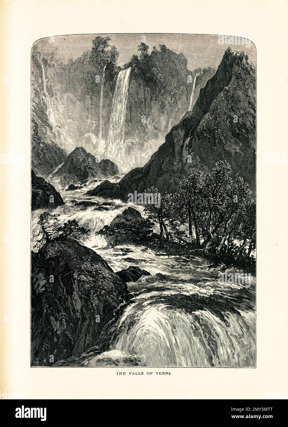 Antica illustrazione delle cascate di Marmore, una cascata artificiale situata vicino a Terni, Italia. Incisione pubblicata in picturesque Europe, Vol. III (Cassell Foto Stock