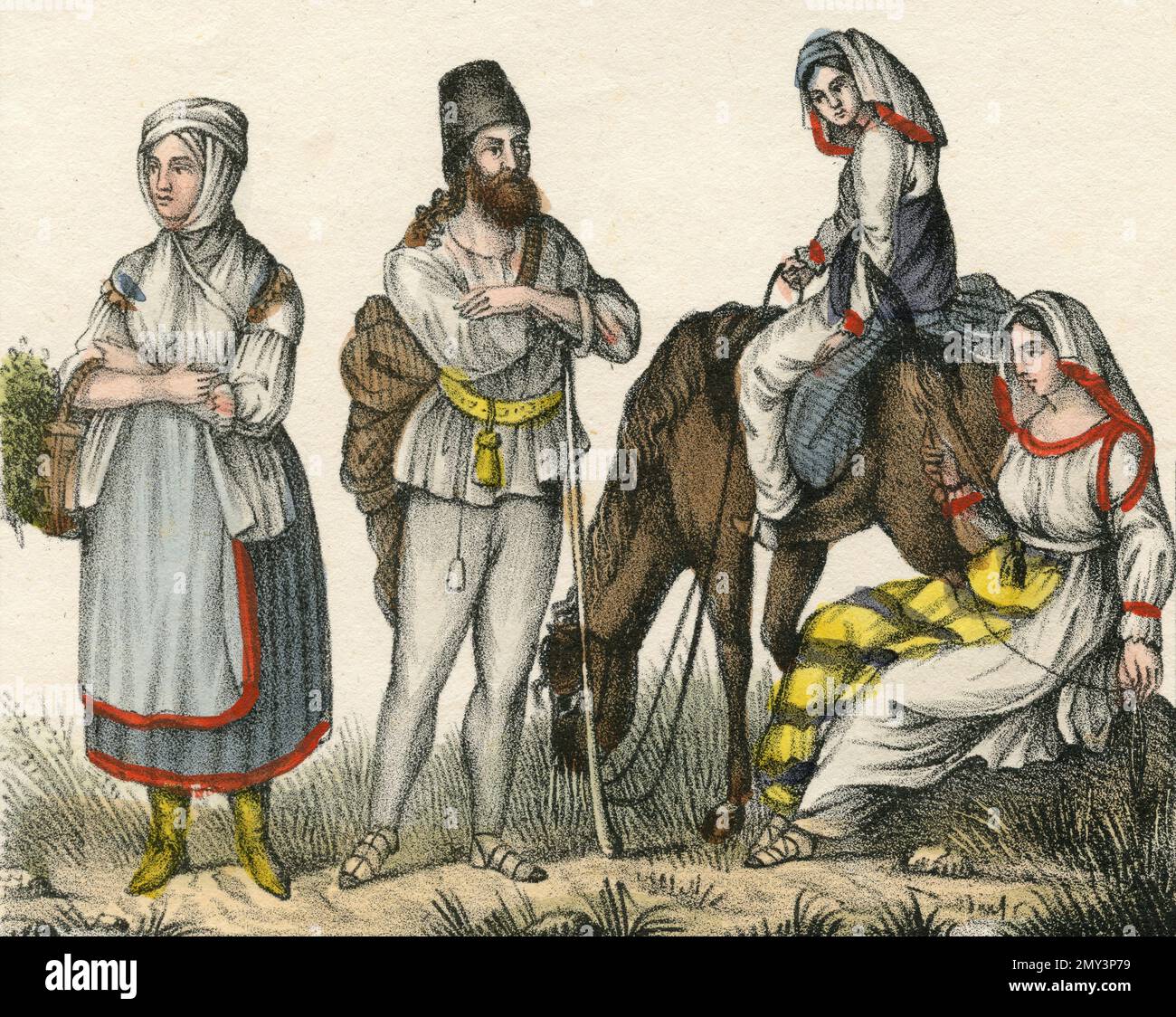 Costumi dell'Impero Austriaco: Donna contadina di Schiavonia, connazionali della Transilvania, illustrazione a colori, 1800s Foto Stock