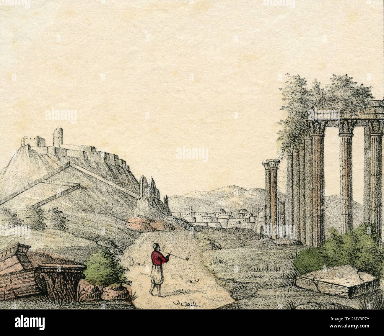 Vista di Atene, Grecia, illustrazione a colori, 1800s Foto Stock