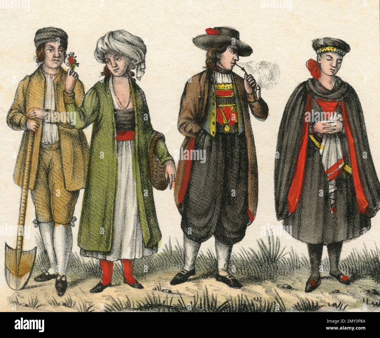 Costumi dell'Impero Austriaco: Uomo e donna d'Istria, compatriota di Eger, scenera di Eger, illustrazione a colori, 1800s Foto Stock