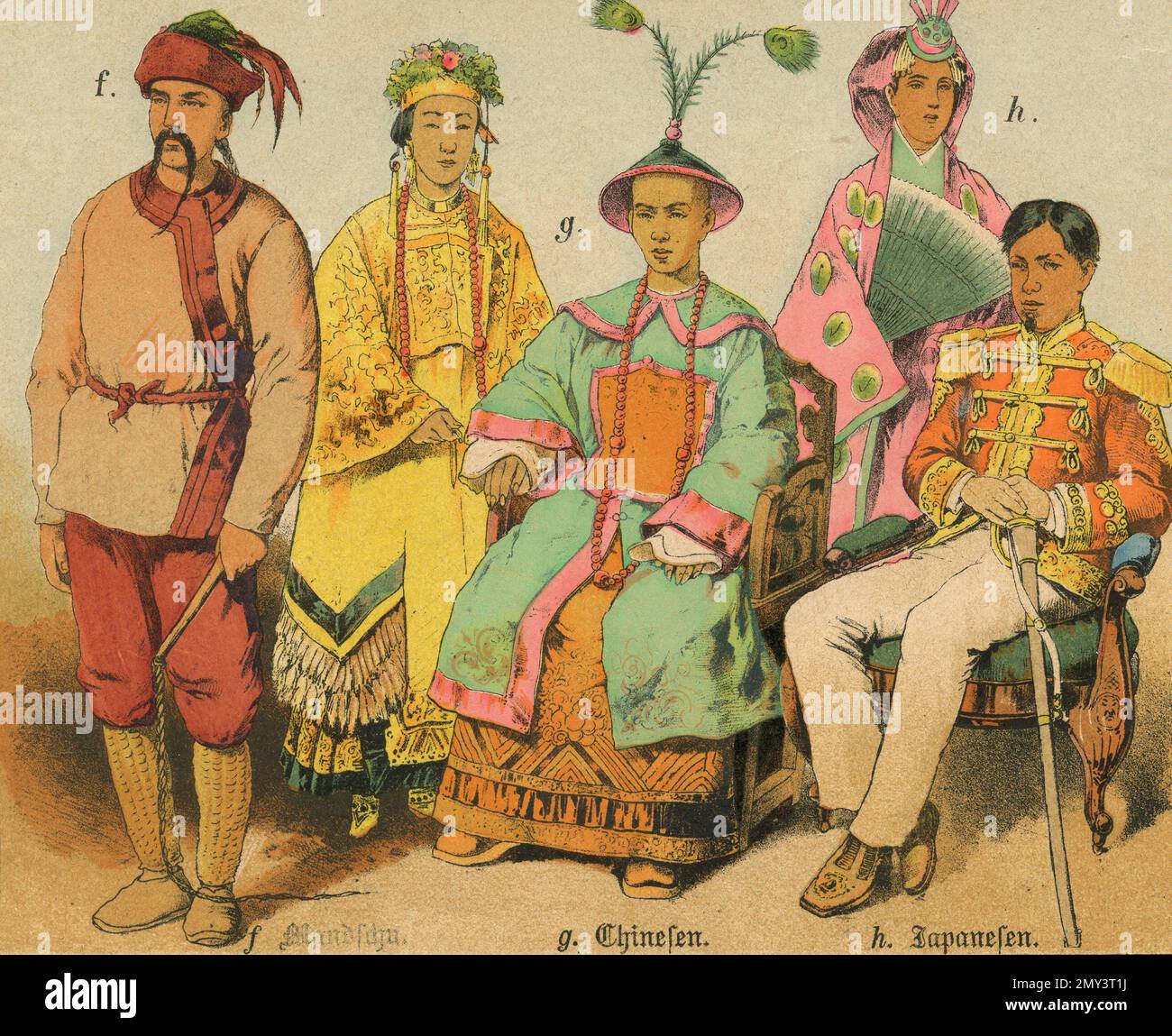 Popolazioni del mondo: Manchu, cinese, giapponese, illustrazione a colori, Germania 1800s Foto Stock