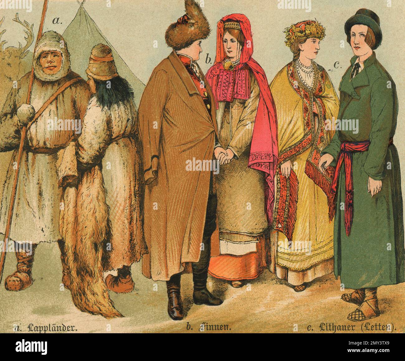 Popolazioni del mondo: Lapplanders, Finlandese, Latviani, illustrazione a colori, Germania 1800s Foto Stock