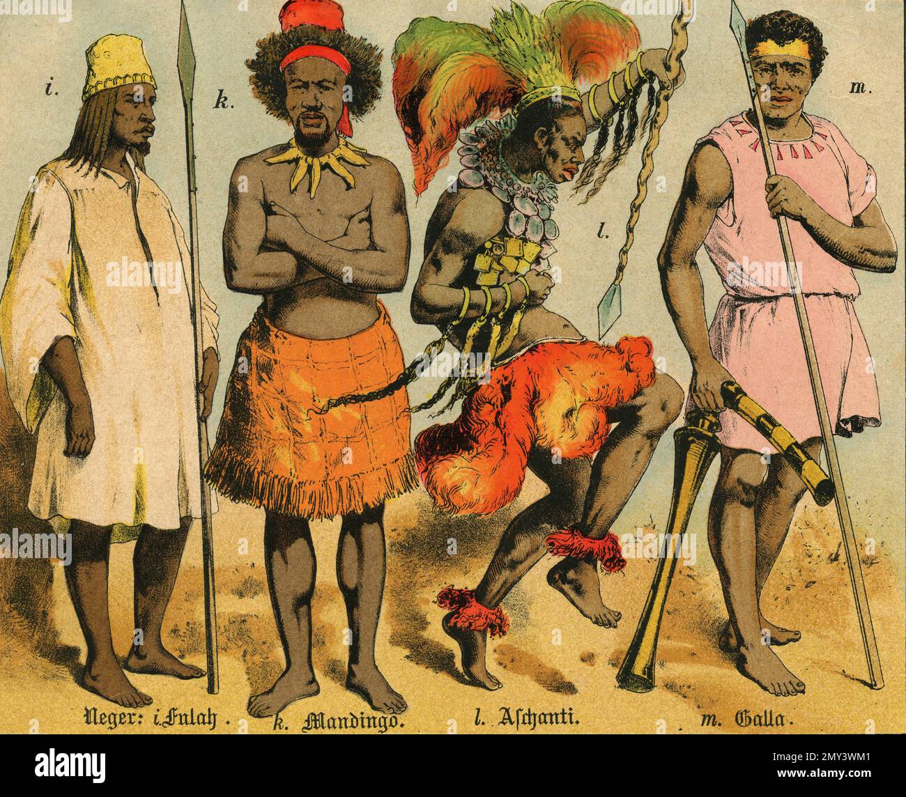 Popolazioni del mondo: Africani Fulani, Mandingo o Mande, Aschanti o Asante, Galla o Oromo, illustrazione a colori, Germania 1800s Foto Stock