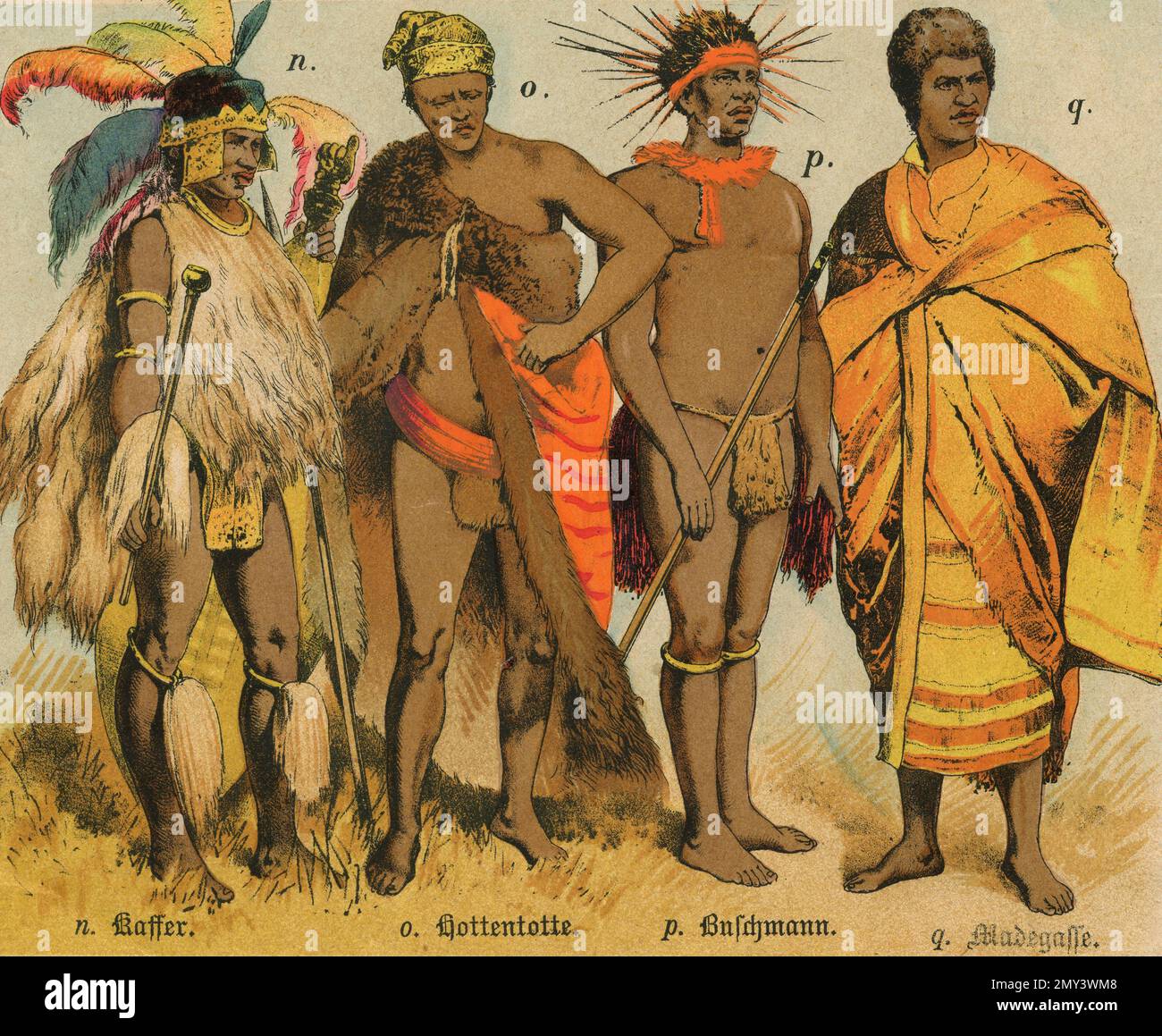 Popolazioni del mondo: Kaffir, Hottentot, Buschman, Malgascio, illustrazione del colore, Germania 1800s Foto Stock