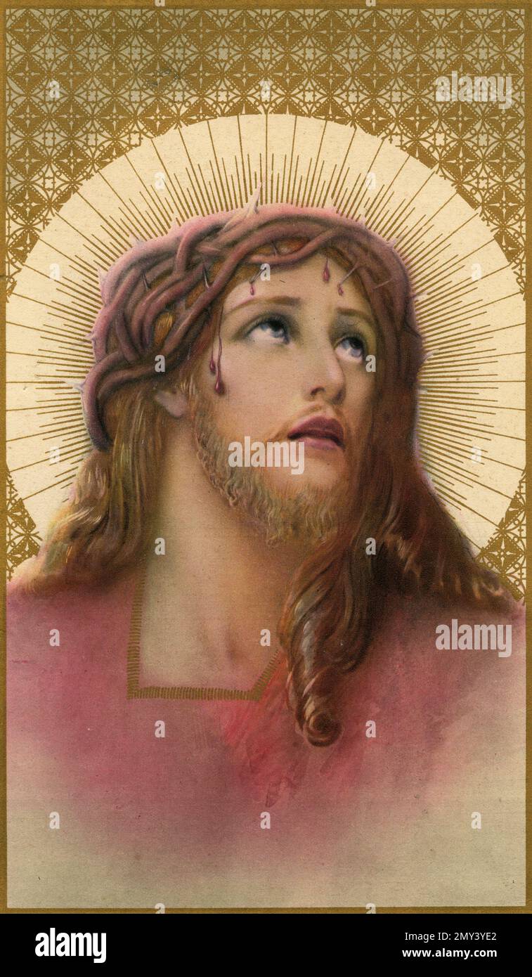 Jusus Cristo con la corona delle spine in agonia, illustrazione a colori, Italia 1900s Foto Stock