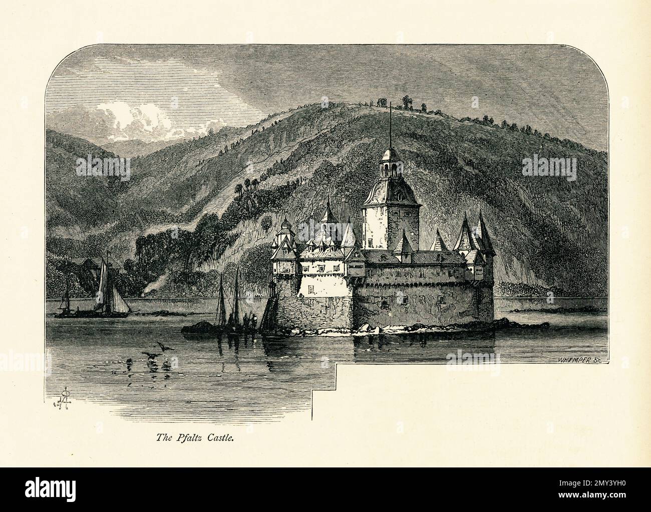 Antica incisione del castello di Pfalzgrafenstein sull'isola di Falkenau (conosciuta anche come isola di Pfalz) nel fiume Reno vicino a Kaub, Germania. Illustrazione p Foto Stock