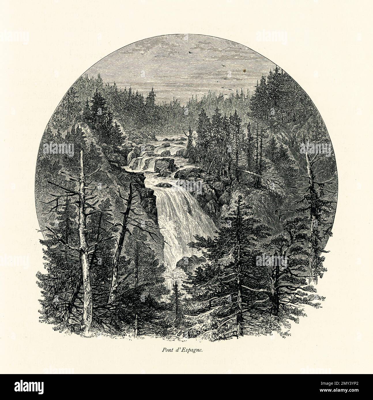 Antica incisione di Pont d'Espagne nei Pirenei francesi. Illustrazione pubblicata in picturesque Europe, Vol. III (Cassell & Company, Limited: Londra Foto Stock