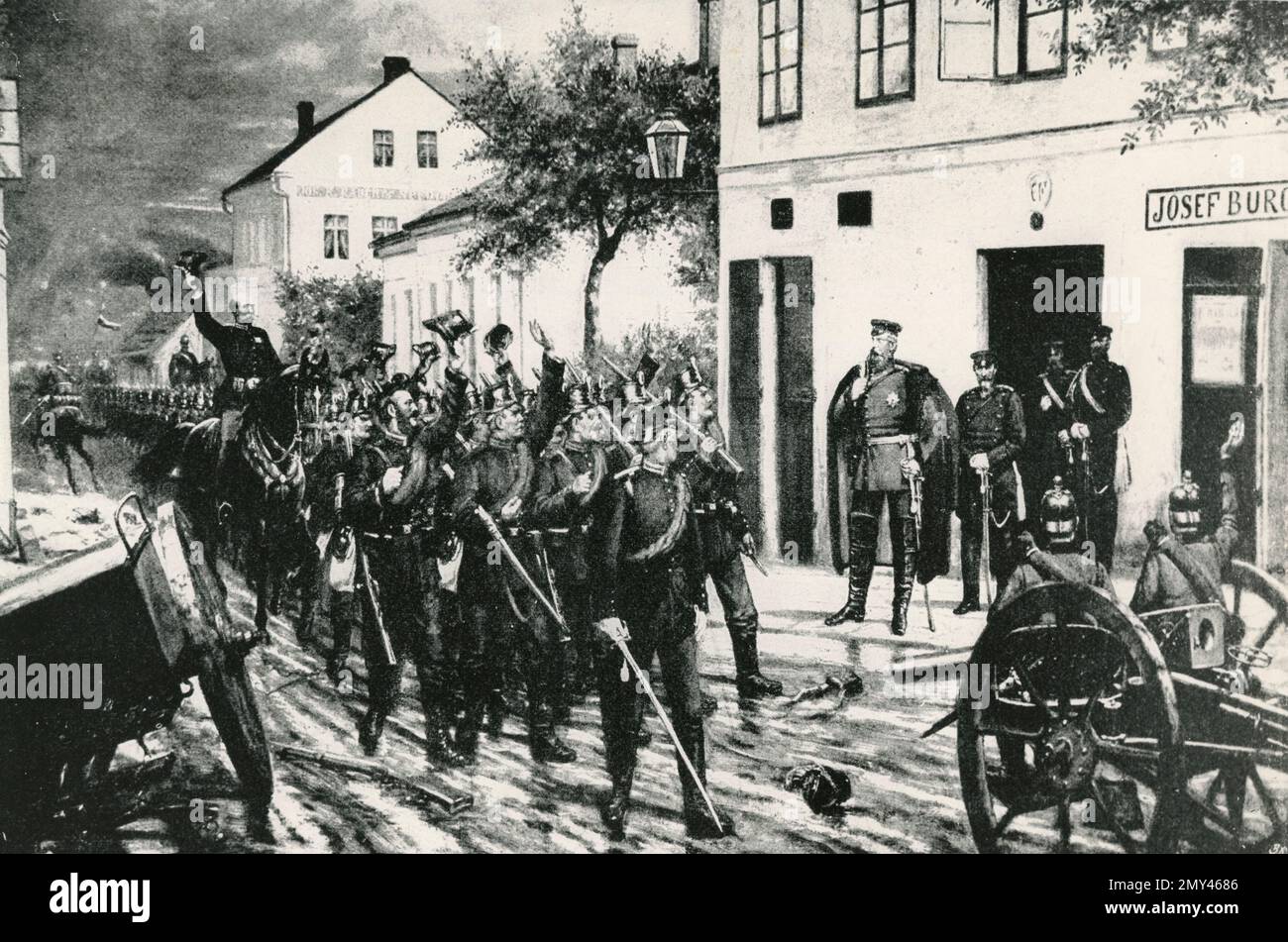 Il principe ereditario Federico Guglielmo di Prussia e il suo capo di stato maggiore la mattina della Battaglia di Koniggratz, litografia del dipinto di Weese, 1866 Foto Stock