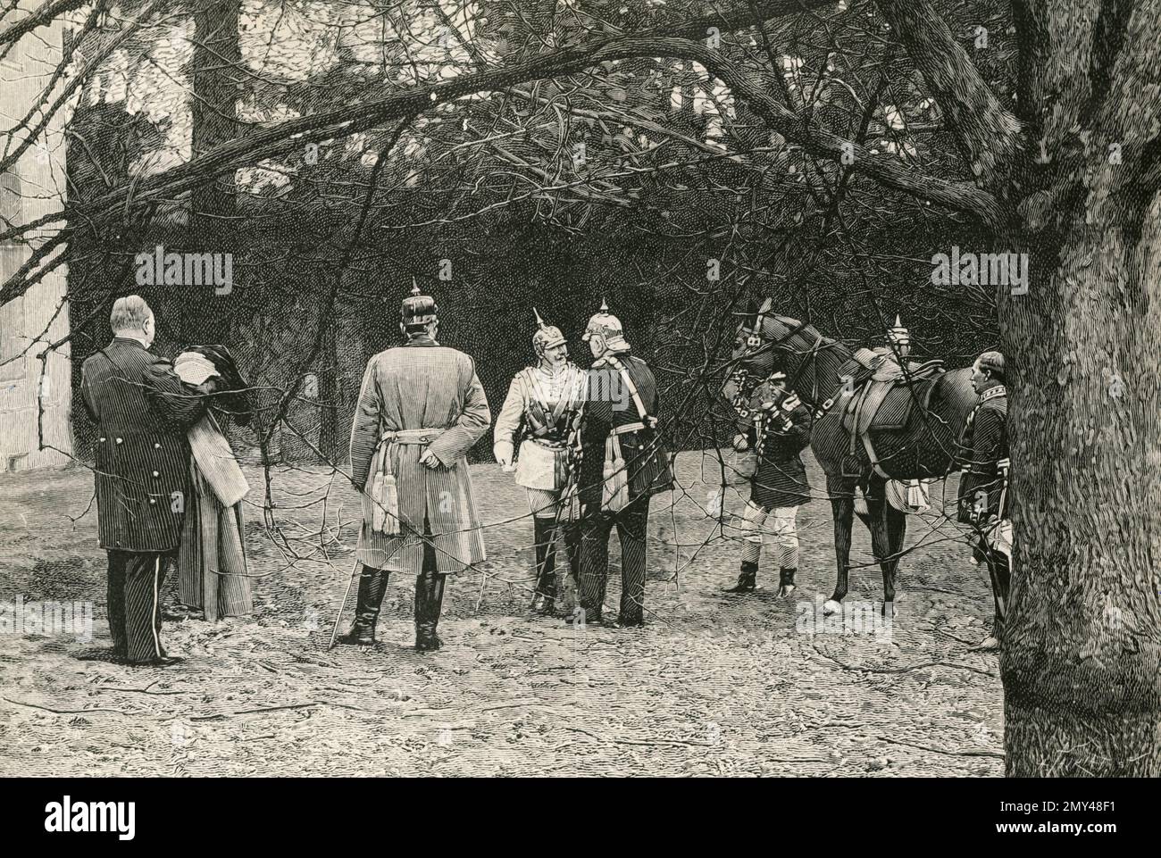 L'ultimo incontro tra lo statista tedesco e il diplomatico otto von Bismarck e l'imperatore tedesco Wilhelm II, Germania 1890s Foto Stock