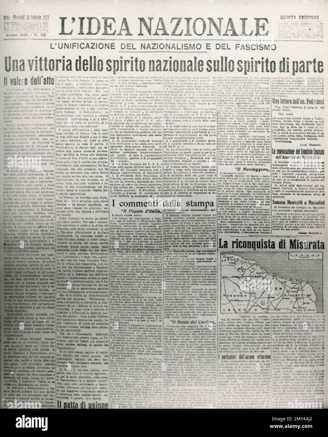 Prima pagina del giornale italiano l'idea Nazionale sull'unificazione del nazionalismo e del fascismo, Italia, 28 febbraio 1923 Foto Stock