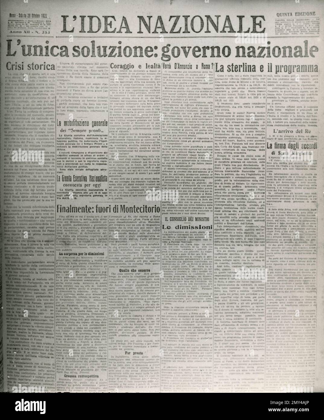Prima pagina del giornale italiano l'idea Nazionale sul governo nazionale, Italia, 28 ottobre 1922 Foto Stock
