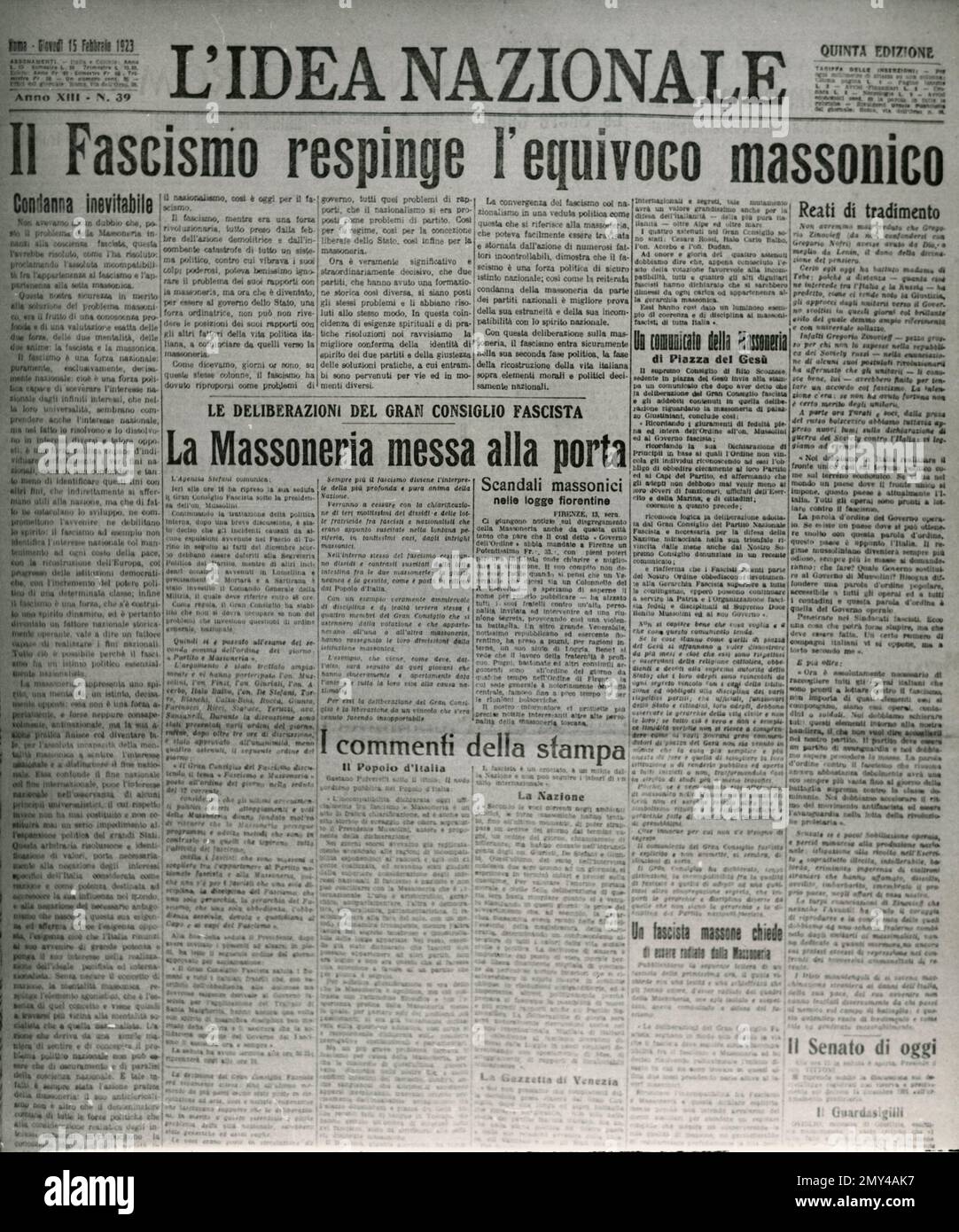 Prima pagina del giornale italiano l'idea Nazionale sulla muratura e il fascismo, Italia, 15 febbraio 1923 Foto Stock