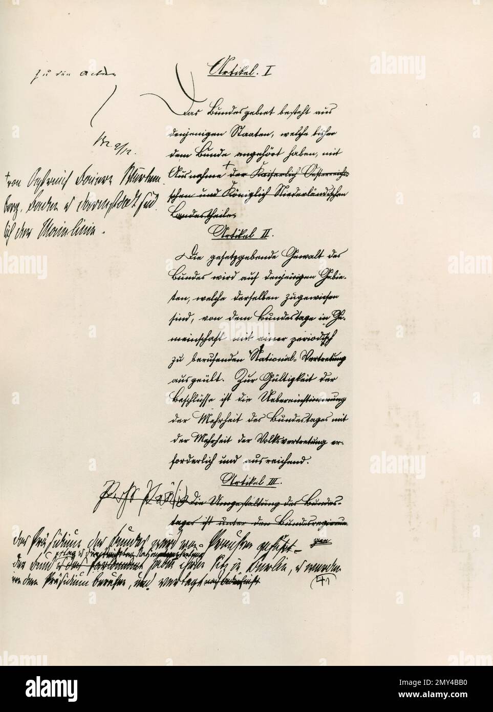 Disegno autografo dello statista e diplomatico tedesco otto von Bismarck sulla Costituzione del 1866, Germania Foto Stock