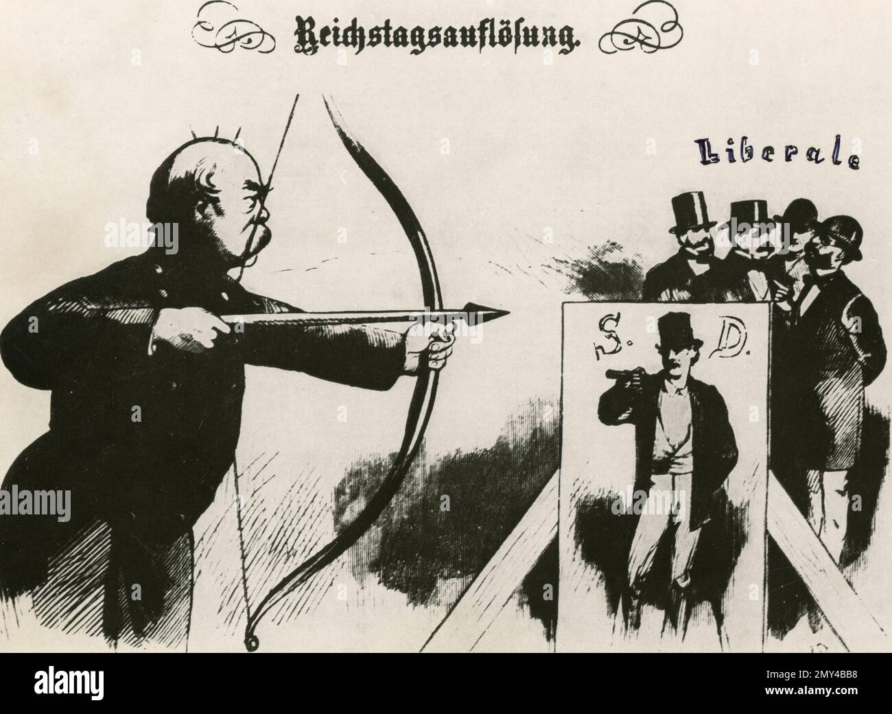 Caricatura dello statista e diplomatico tedesco otto von Bismarck anti-liberale, 1880s, illustrazione Foto Stock
