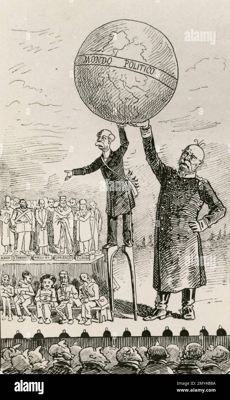 Caricatura dello statista e diplomatico tedesco otto von Bismarck e del politico italiano PM Francesco Crispi, 1888, illustrazione Foto Stock