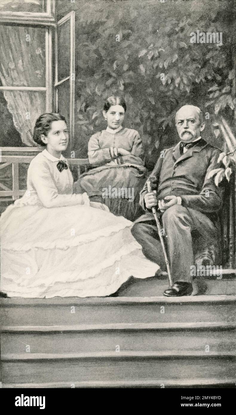 Statista e diplomatico tedesco otto von Bismarck con sua moglie e sua figlia, illustrazione 1870s Foto Stock