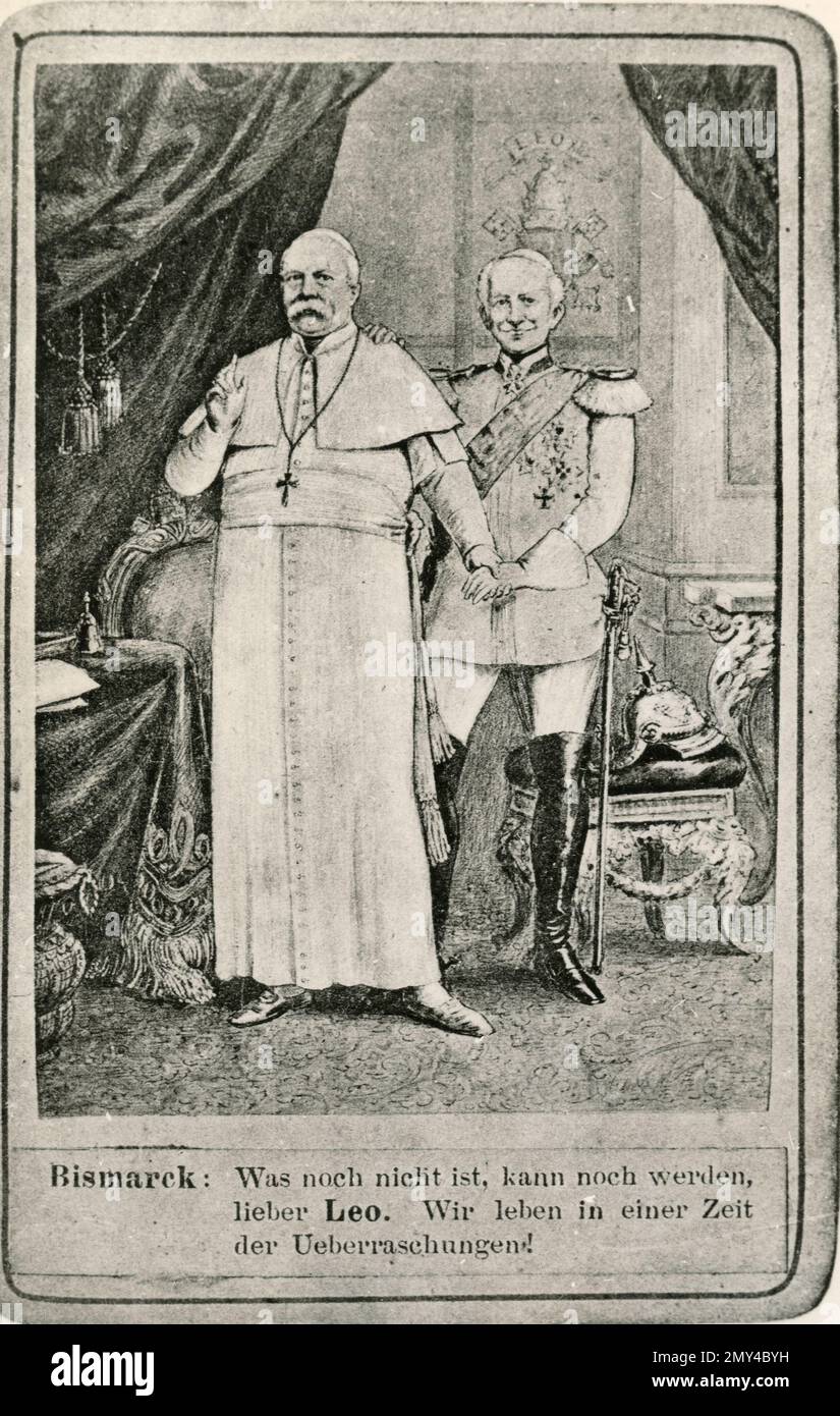 Papa Leone XIII vestito come statista e diplomatico tedesco otto von Bismarck, e viceversa, illustrazione, 1880s Foto Stock