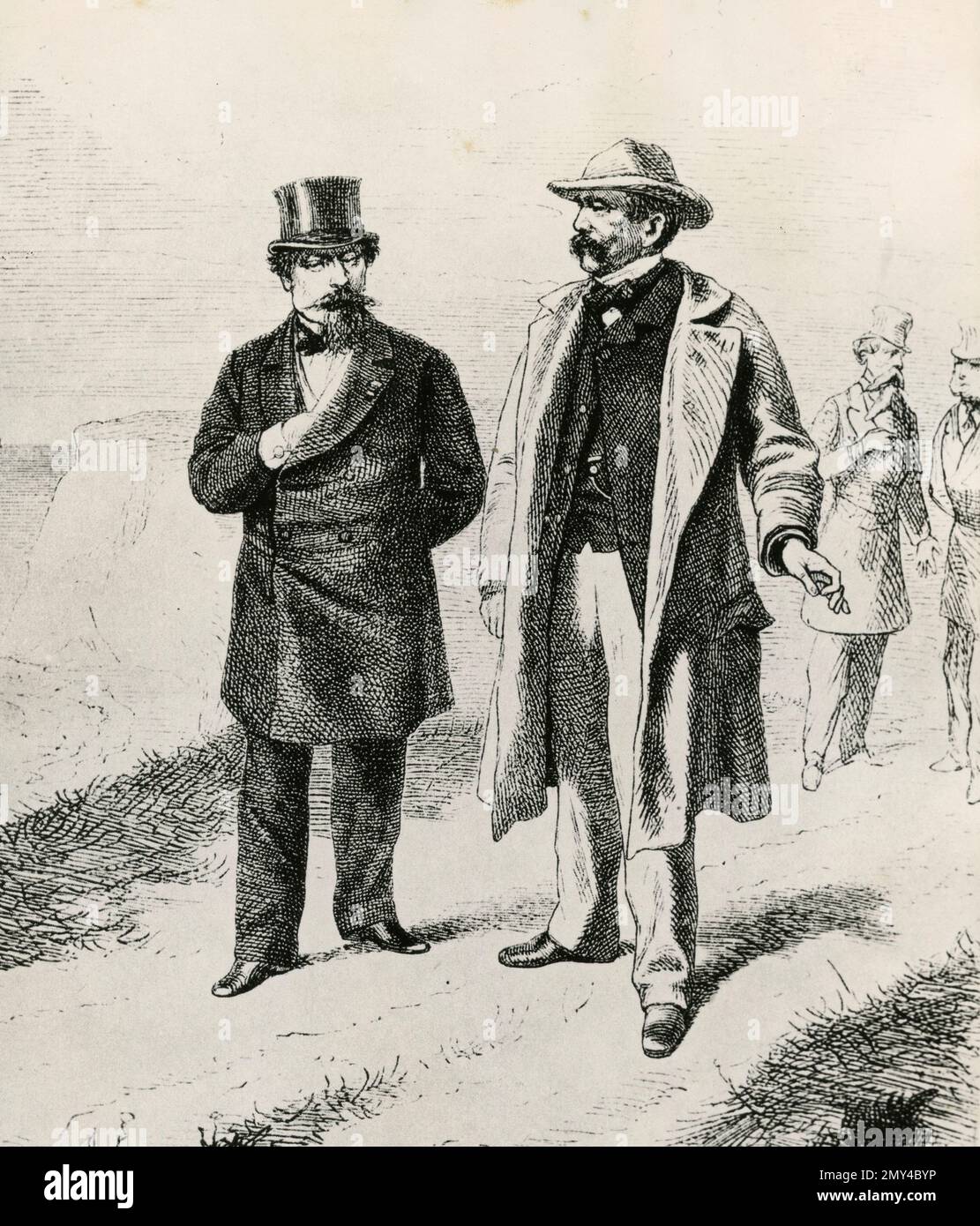Lo statista e diplomatico tedesco otto von Bismarck e il presidente francese Napoleone III alla riunione di Biarritz, illustrazione 1865 Foto Stock