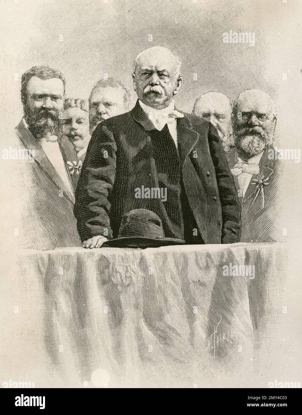 Statista e diplomatico tedesco otto von Bismarck parlando, illustrazione 1870s Foto Stock