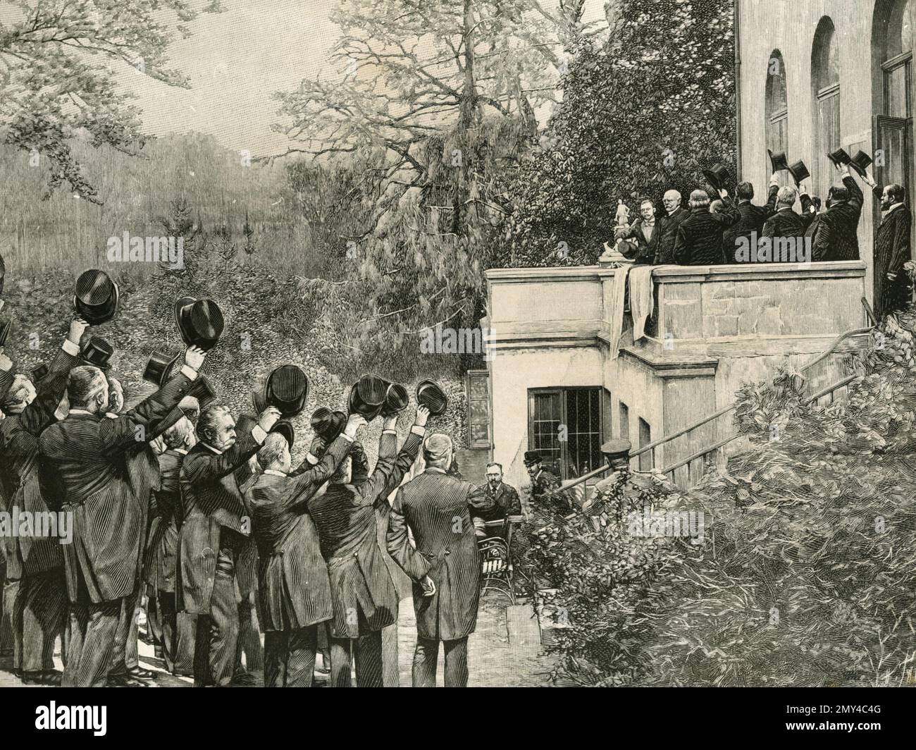 Lo statista e diplomatico tedesco otto von Bismarck riceve i sindaci di Sassonia nella sua villa a Friedrichsruh, illustrazione 1870s Foto Stock