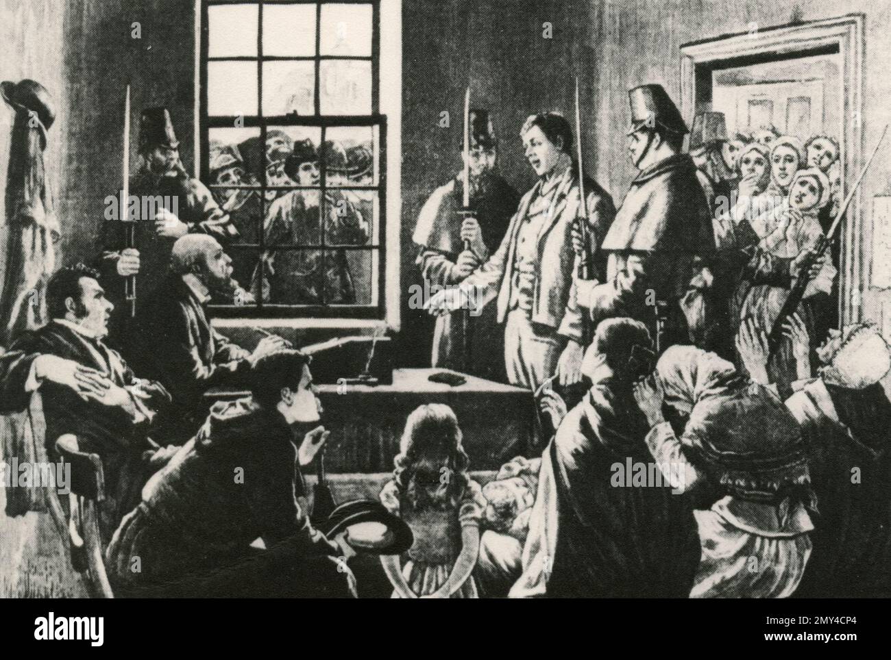 Magistrati e polizia a sostegno dello sfratto degli agricoltori in Irlanda, 1890s, illustrazione Foto Stock