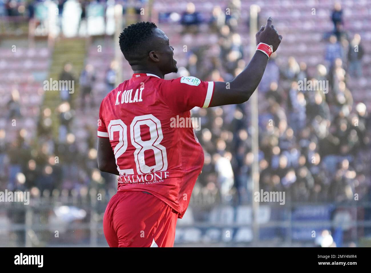 Perugia, Italia. 04th Feb, 2023. kouan oulai christian â&#x80;&#x9c;k. oulaiâ&#X80;&#x9d; (n.28 perugia calco) gioisce 3-0 durante AC Perugia vs Brescia Calcio, partita italiana di calcio Serie B a Perugia, febbraio 04 2023 Credit: Independent Photo Agency/Alamy Live News Foto Stock