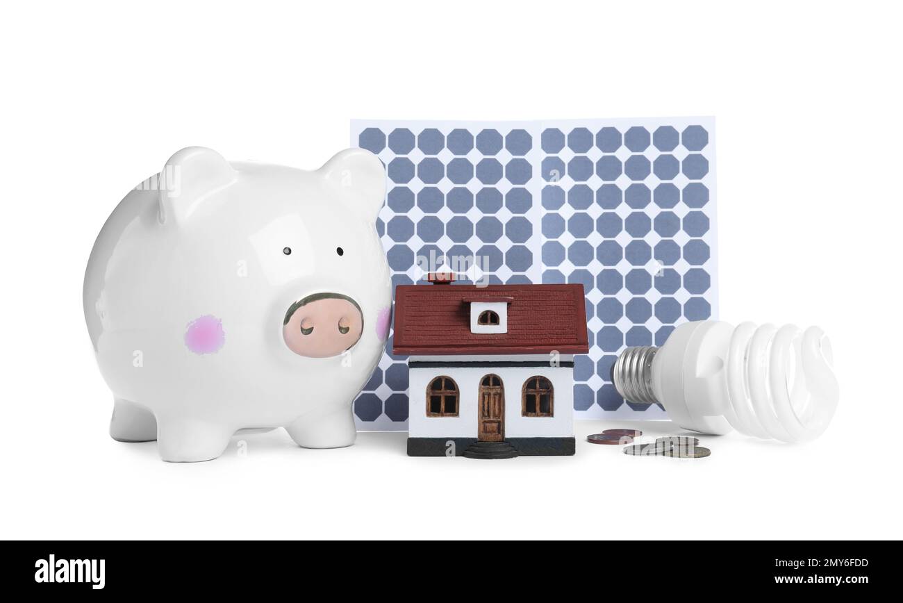 Composizione con pannelli solari e piggy bank su sfondo bianco Foto Stock
