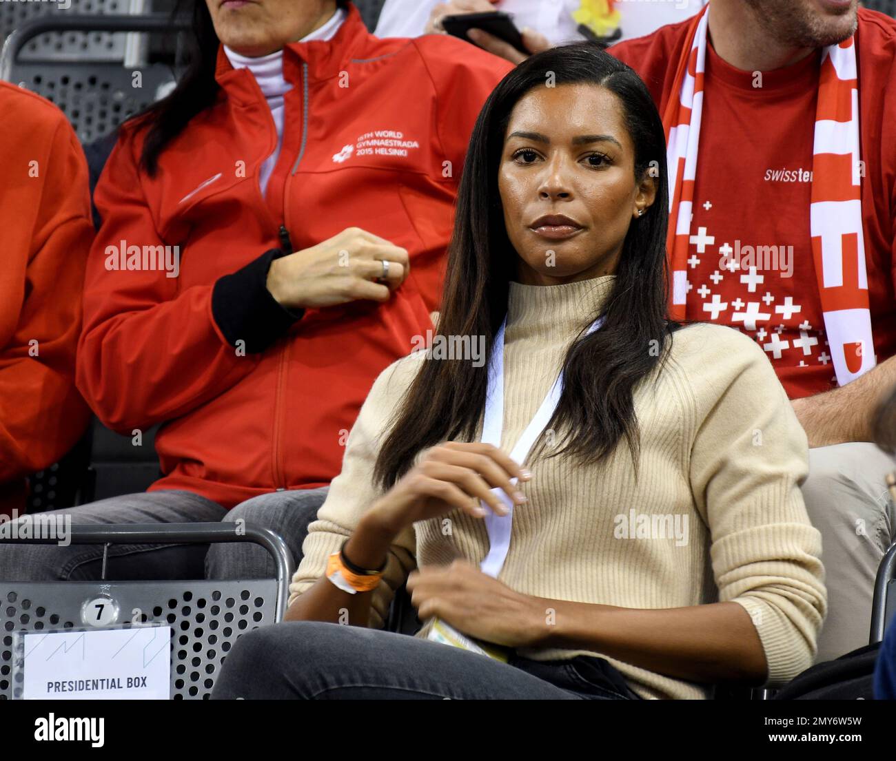 Treviri, Germania. 04th Feb, 2023. Tennis, uomini: Davis Cup - turno di qualificazione, qualifiche, Germania - Svizzera; Lilian de Carvalho Monteiro, partner di Boris Becker, siede nel Presidential Box. Credit: Harald Tittel/dpa/Alamy Live News Foto Stock