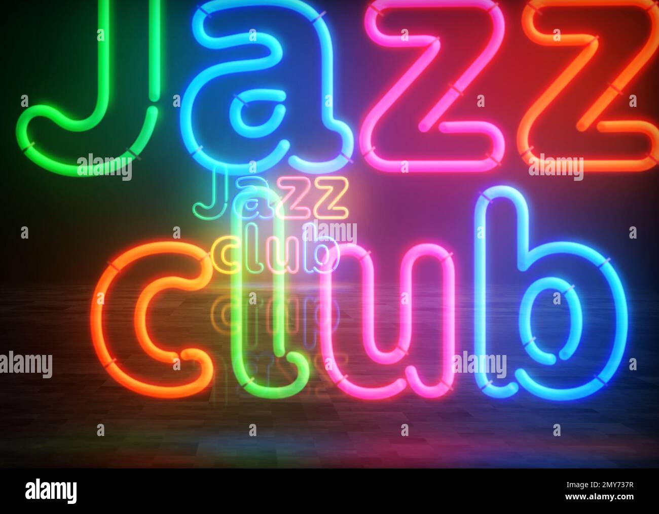 Simbolo al neon Jazz Club. Vita notturna musica nightclub e bar lampadine di colore chiaro. Illustrazione del concetto astratto 3D. Foto Stock