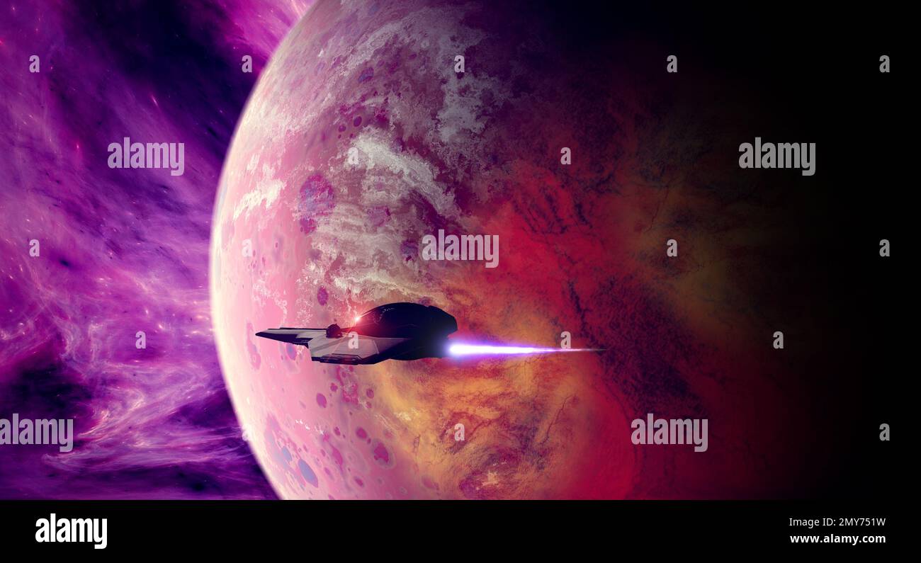 Astronave orbitante intorno a un pianeta in un'altra galassia. Esopianeti e mondi di altre dimensioni. Conquista dello spazio. Fantascienza. rendering 3d Foto Stock