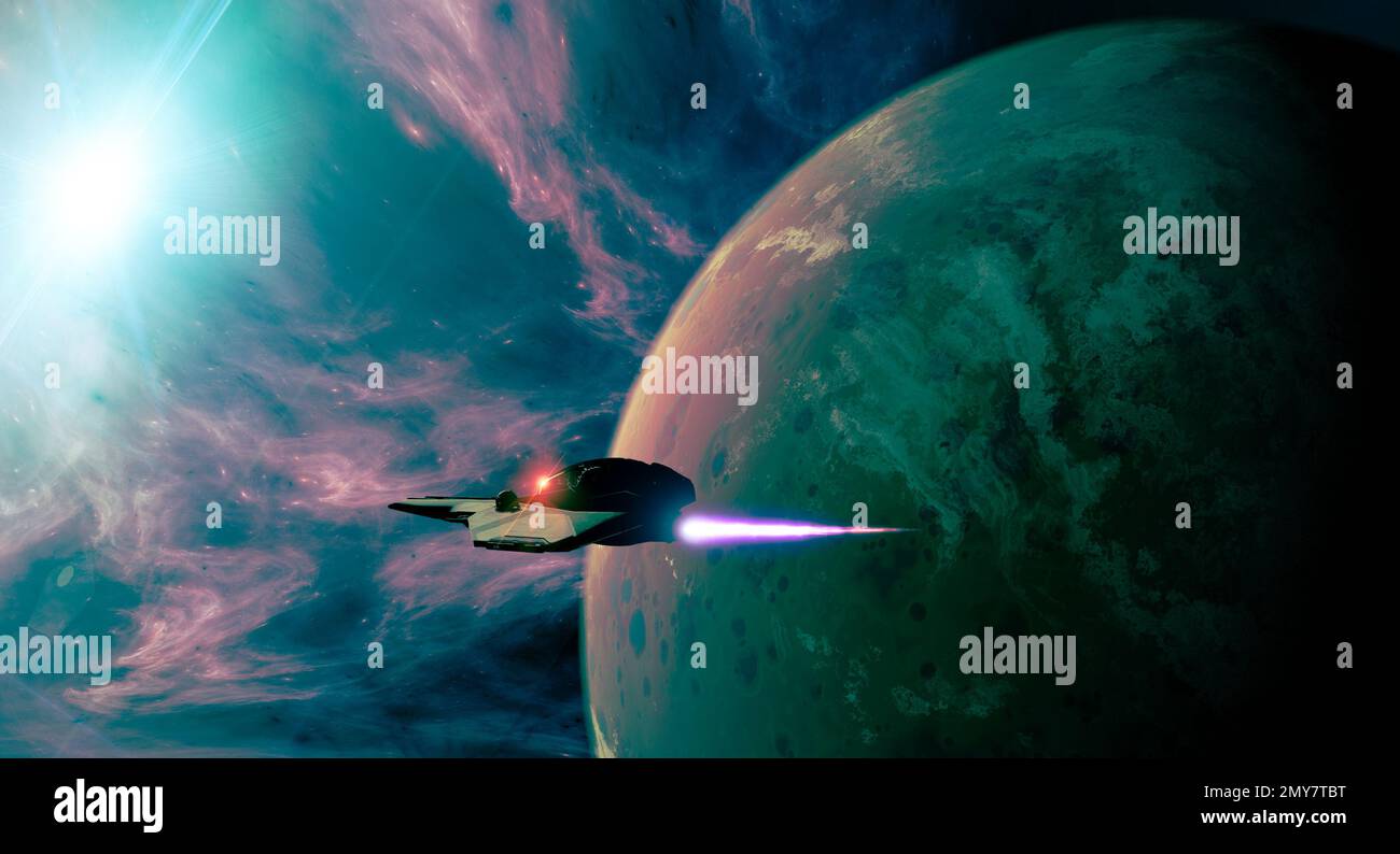 Astronave orbitante intorno a un pianeta in un'altra galassia. Esopianeti e mondi di altre dimensioni. Conquista dello spazio. Fantascienza. rendering 3d Foto Stock