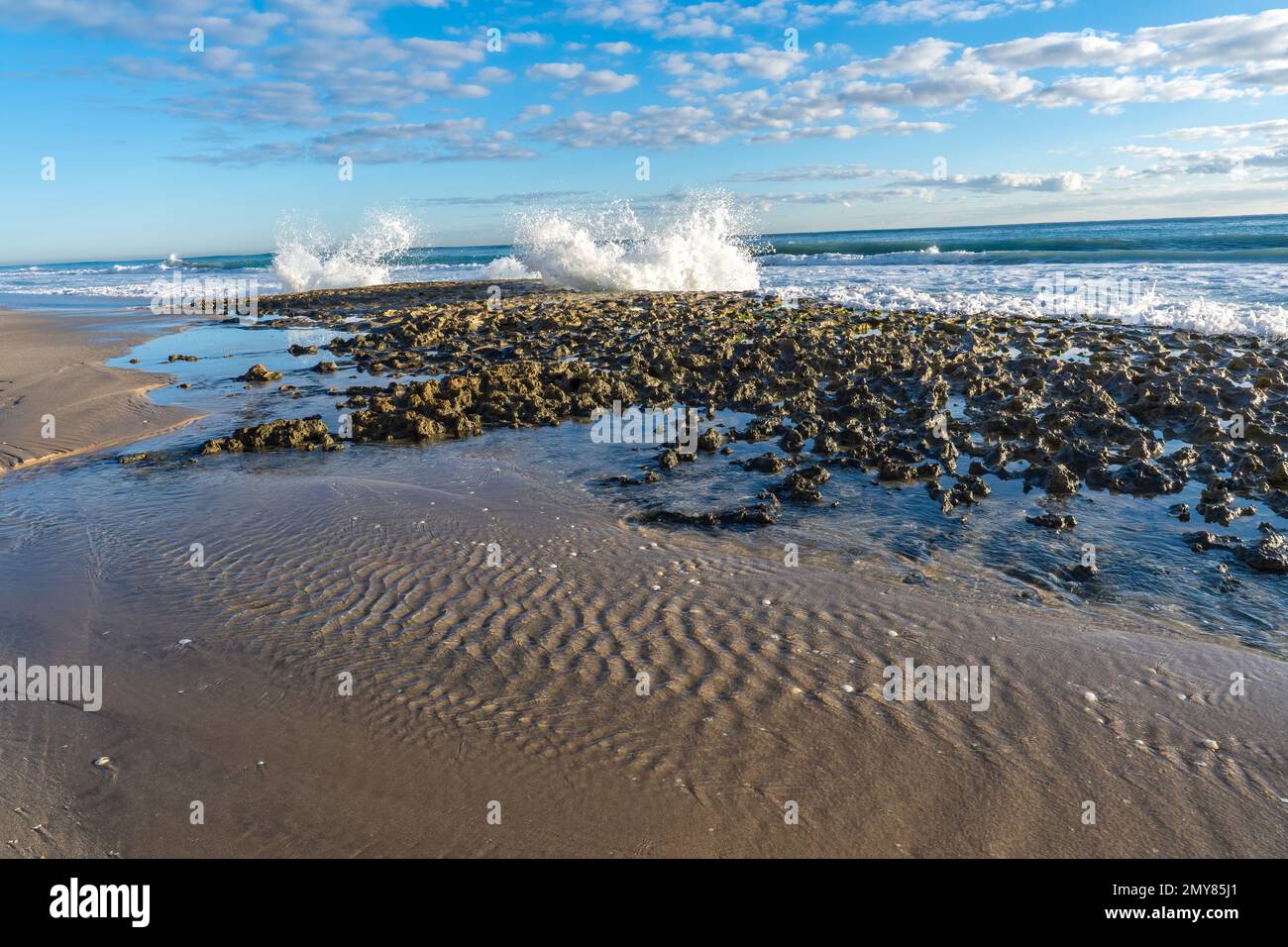 Le onde dell'Oceano Atlantico si schiantano sulle rocce coralline esposte durante la bassa marea a Palm Beach Florida. Foto Stock