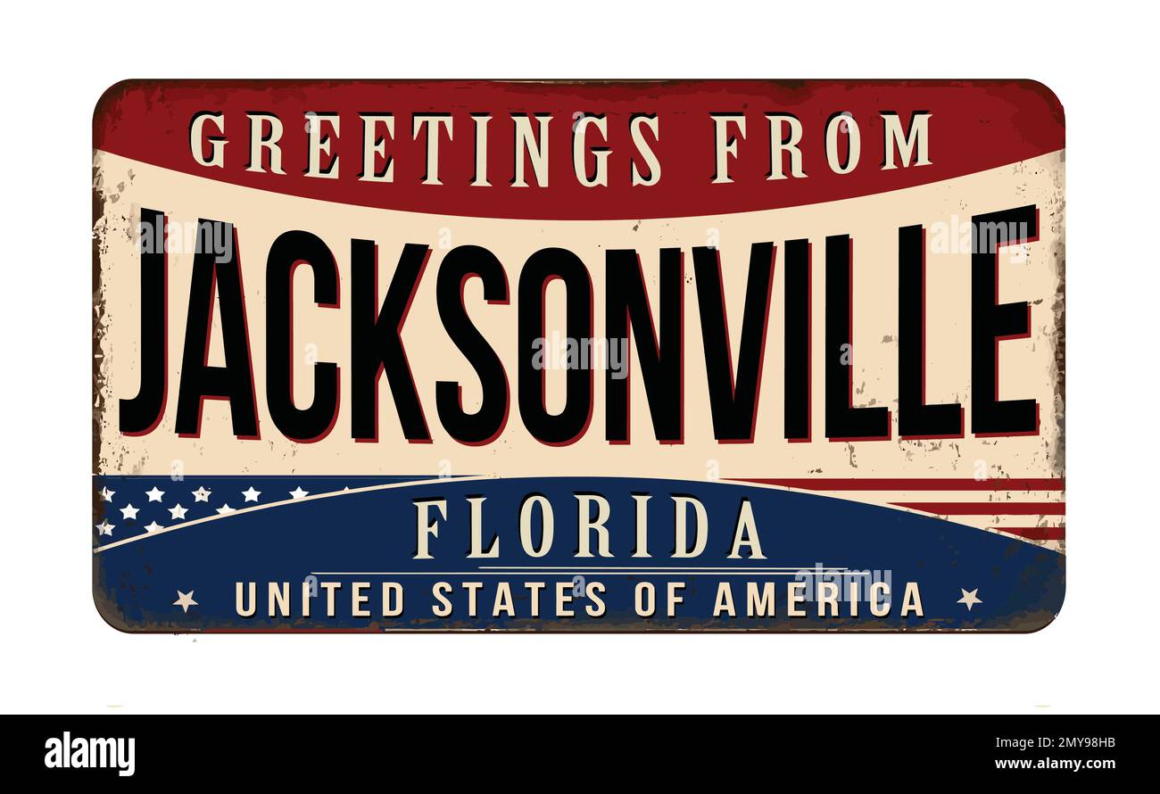 Saluti da Jacksonville vintage arrugginito metallo segno su uno sfondo bianco, vettore illustrazione Illustrazione Vettoriale