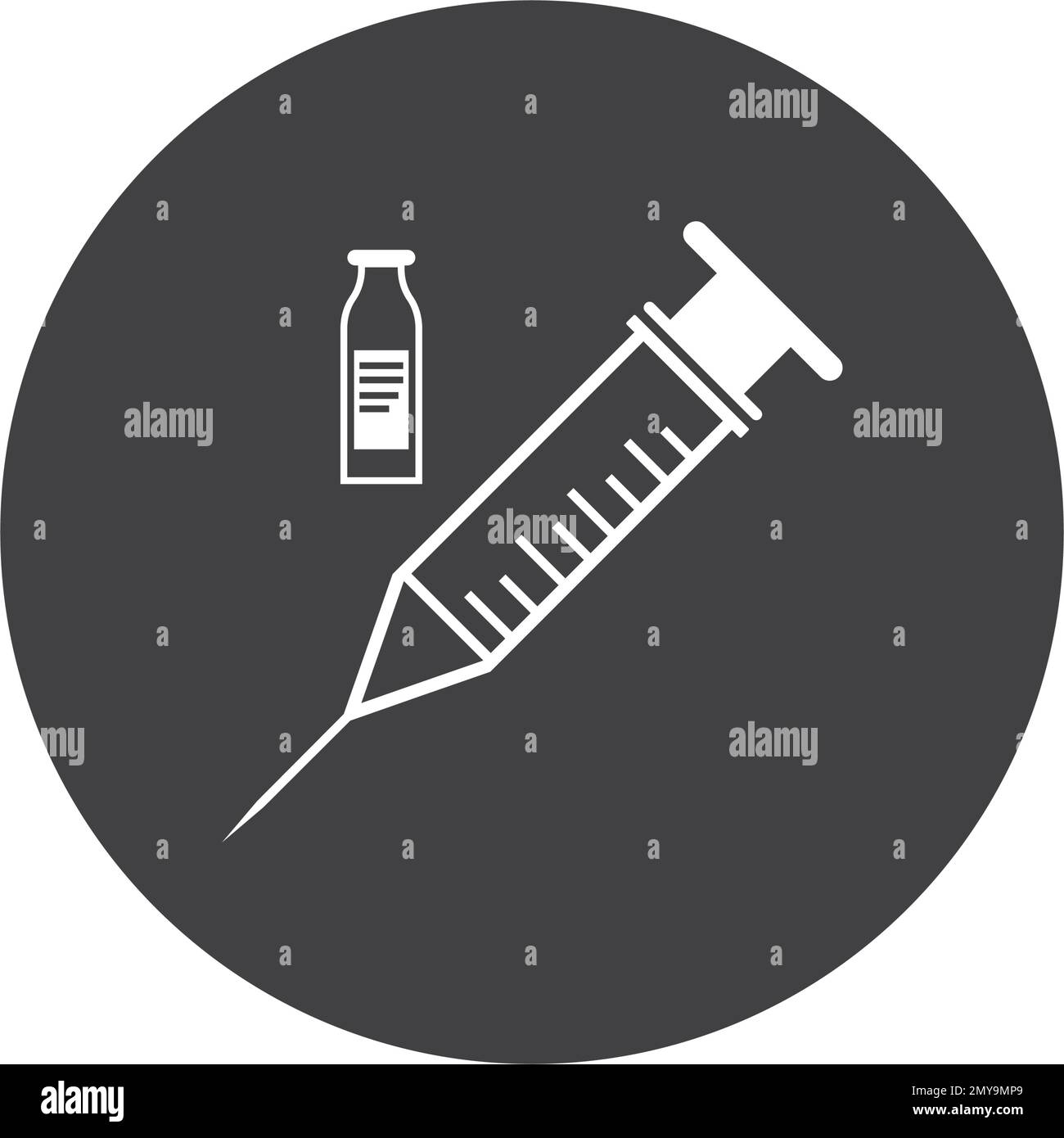 Icona lineare di vaccinazione. Siringa con flaconcino. Prevenzione comune del freddo. Shot di immunizzazione. Farmaci e farmacia. Illustrazione a linee sottili. Simbolo del contorno Illustrazione Vettoriale