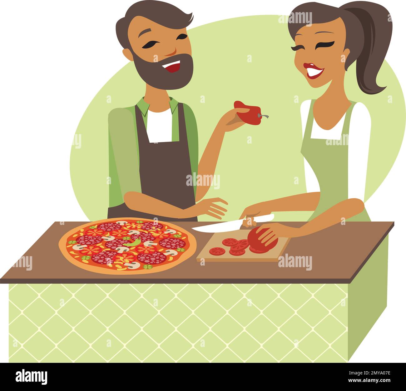 Giovane coppia che prepara la pizza insieme illustrazione piatta Illustrazione Vettoriale