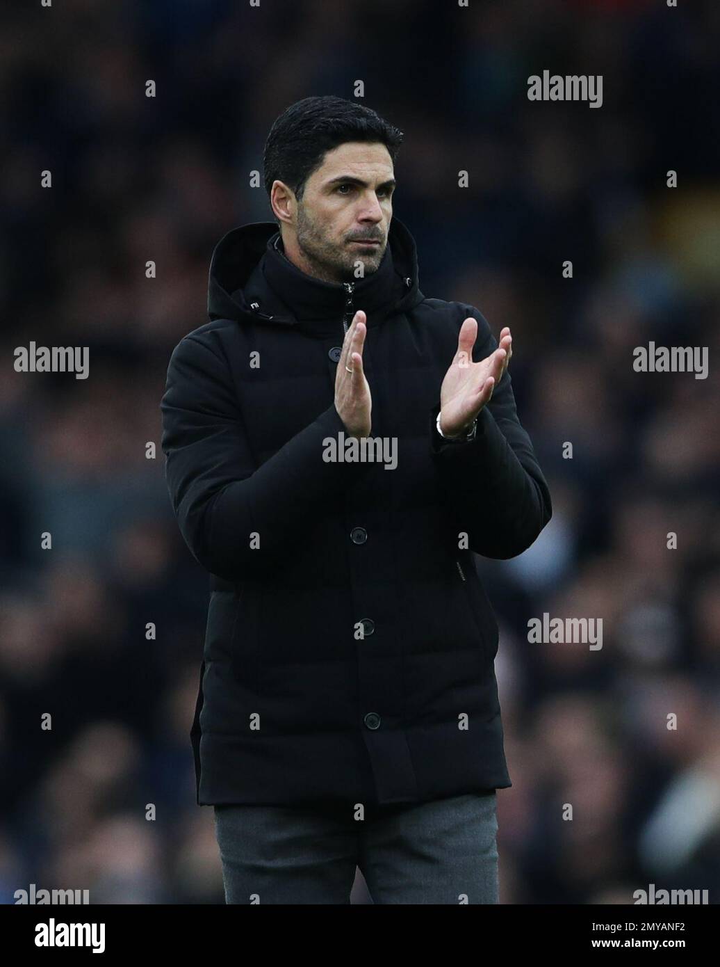 Liverpool, Inghilterra, 4th febbraio 2023. Mikel Arteta, Manager dell'Arsenal, riconosce i fan che hanno seguito la partita della Premier League al Goodison Park, Liverpool. Il credito di immagine dovrebbe essere: Cameron Smith / Sportimage Foto Stock