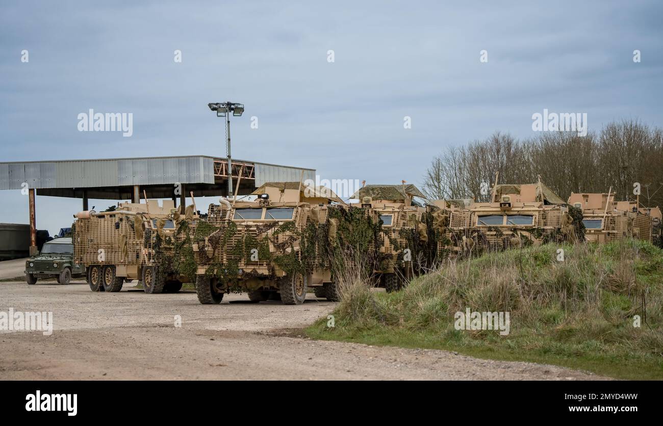 Primo piano di diversi veicoli di pattuglia protetti dall'esercito britannico Mastiff sotto una rete verde di mimetizzazione, Wiltshire UK Foto Stock