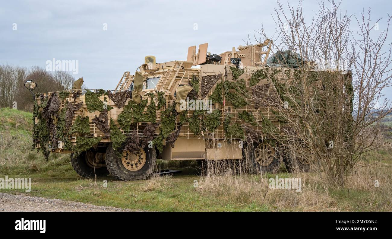 Primo piano di un veicolo di pattuglia protetto da Mastiff dell'esercito britannico sotto una rete verde di mimetizzazione Foto Stock