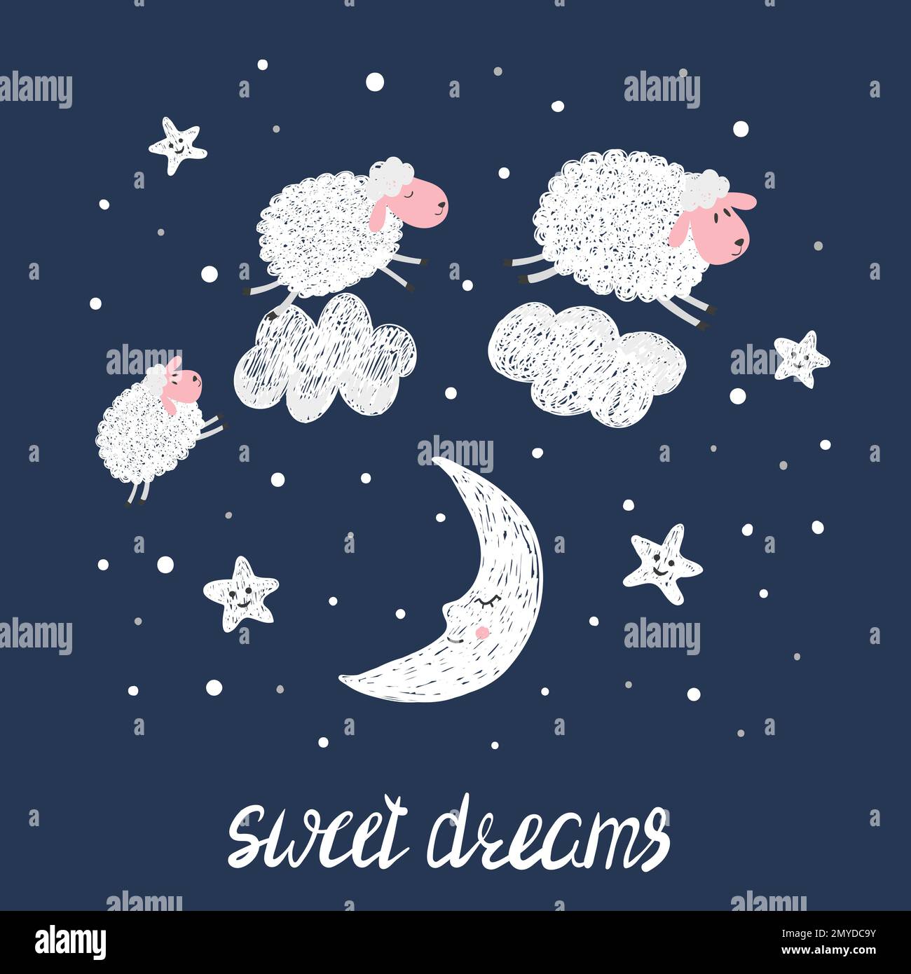 Illustrazione del vettore dei sogni dolci per i bambini. Pecore carine, stelle e luna. Illustrazione Vettoriale