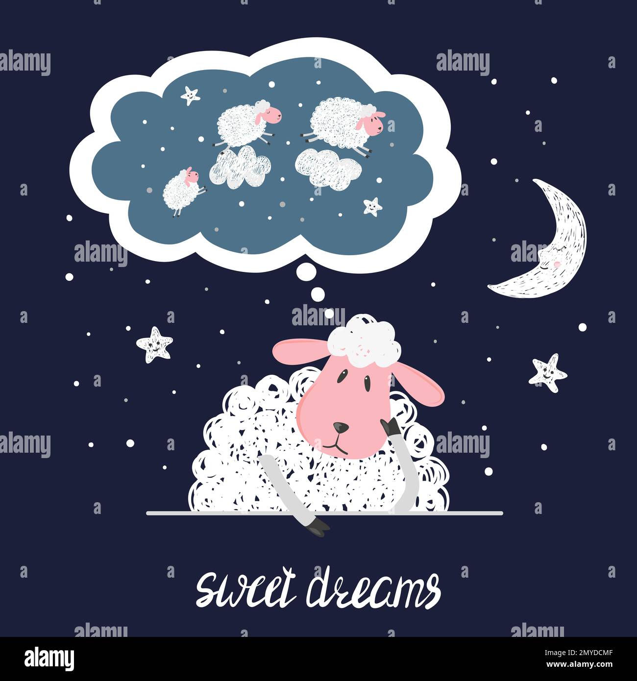 Illustrazione del vettore dei sogni dolci. Pecore carine, stelle e luna. Illustrazione Vettoriale