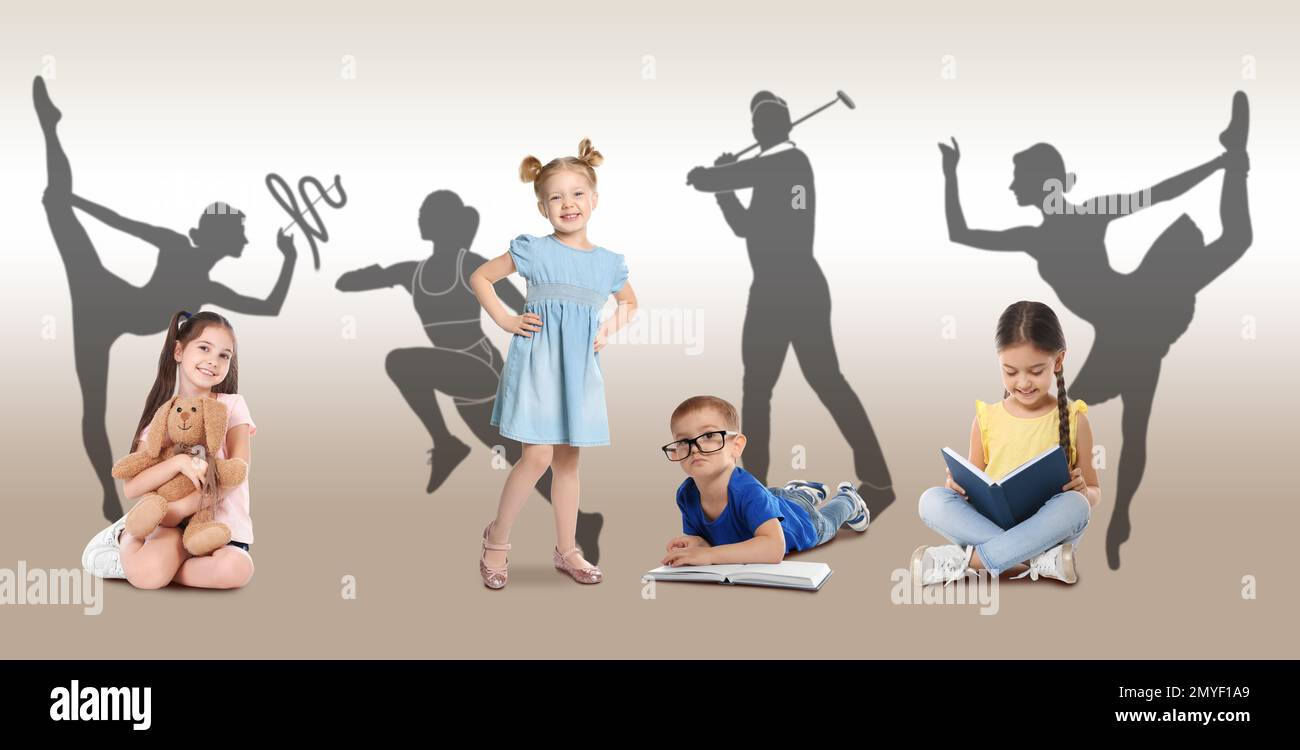 Sogni d'infanzia. Bambini piccoli contro silhouette di ginnastica ritmica, runner, giocatore di golf e ballerina Foto Stock