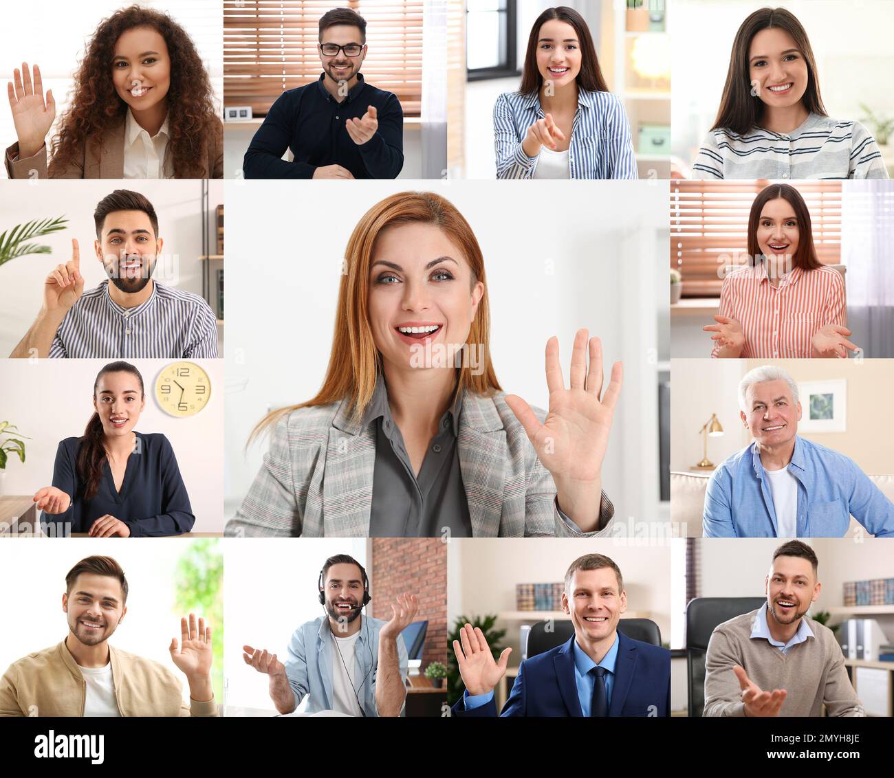 Videochiamata di gruppo, conferenza online. Persone diverse, vista dalla fotocamera Foto Stock