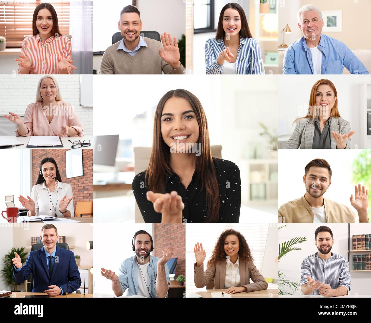 Videochiamata di gruppo, conferenza online. Persone diverse, vista dalla fotocamera Foto Stock