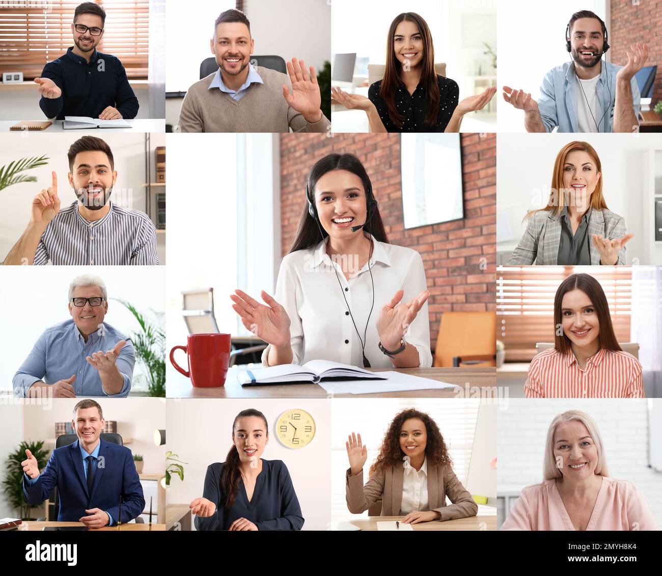 Videochiamata di gruppo, conferenza online. Persone diverse, vista dalla fotocamera Foto Stock