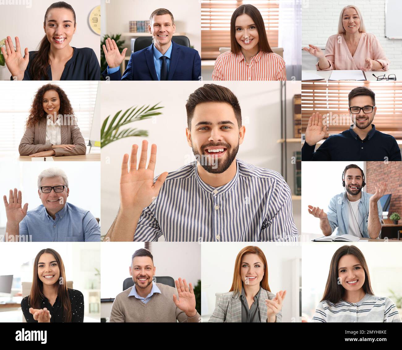 Videochiamata di gruppo, conferenza online. Persone diverse, vista dalla fotocamera Foto Stock