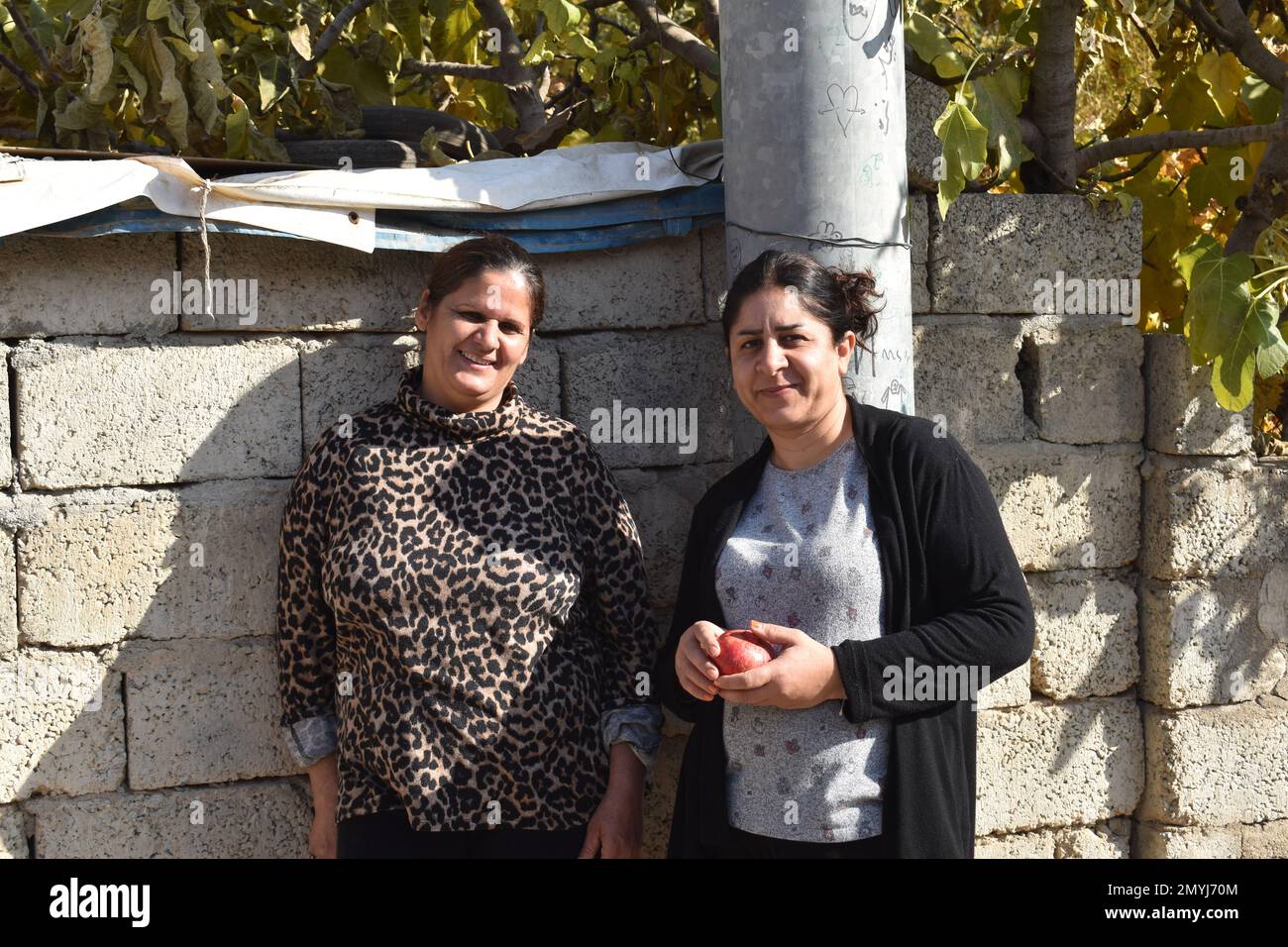 Due donne si appoggiano contro un muro e visitano al sole del pomeriggio. Foto Stock